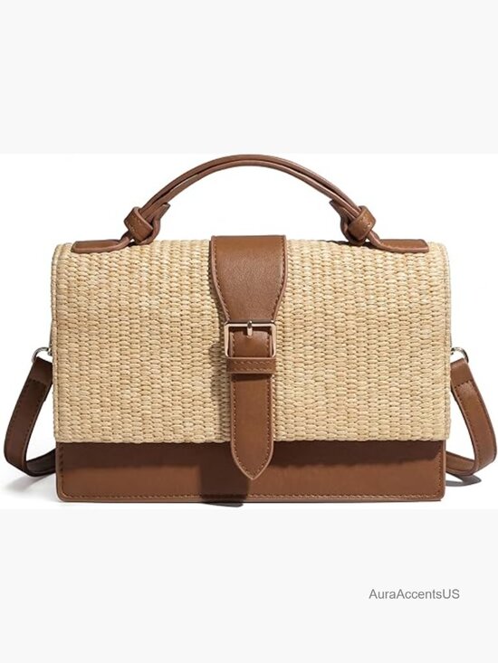 Handbags - Woven Raffia Straw Bag with PU Handle, Boho Convertible Crossbody Shoulder